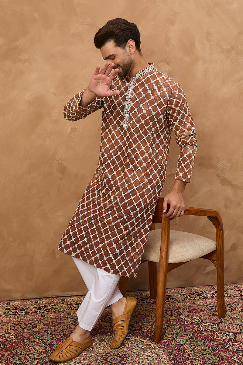 Brown Viscose Rayon Solid Embroidered Straight Kurta | SHOBITAM