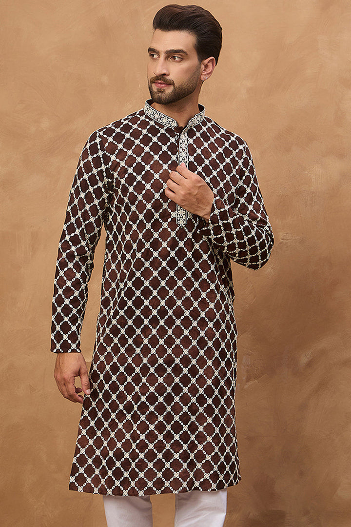 Brown Viscose Rayon Solid Embroidered Straight Kurta | SHOBITAM
