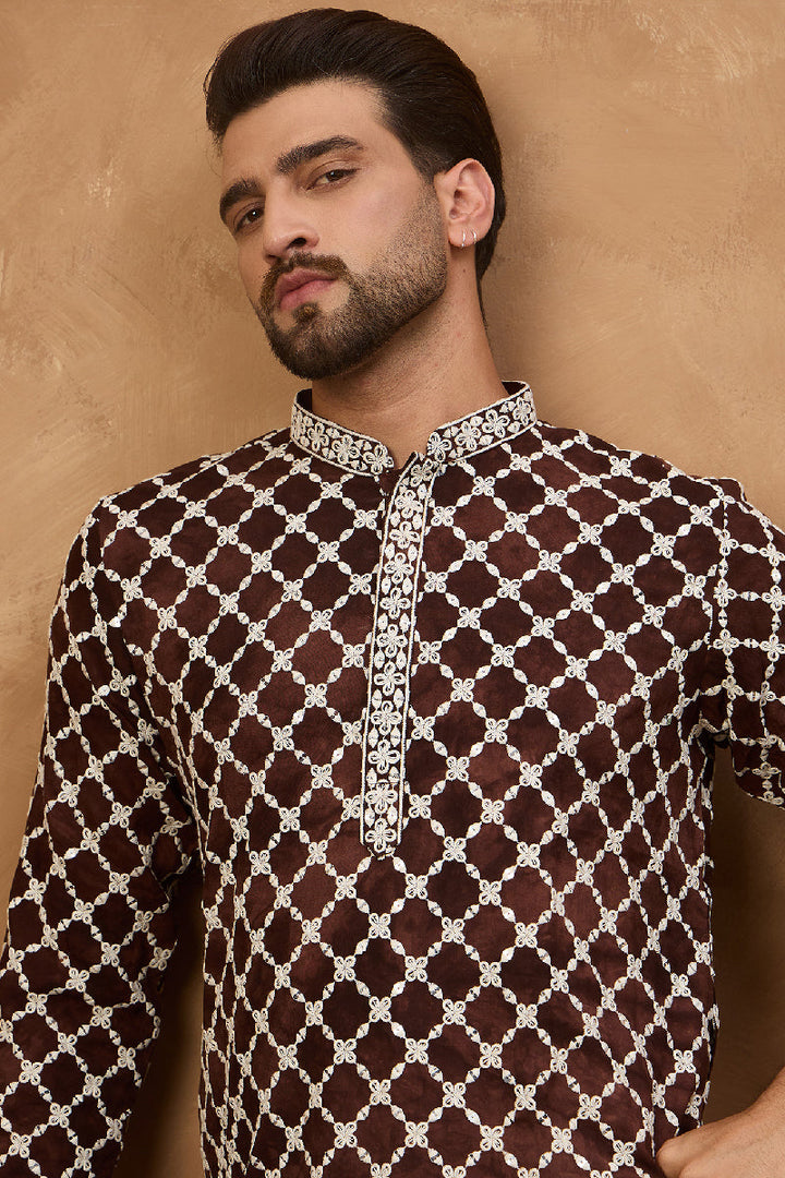 Brown Viscose Rayon Solid Embroidered Straight Kurta With Pant Set | Shobitam