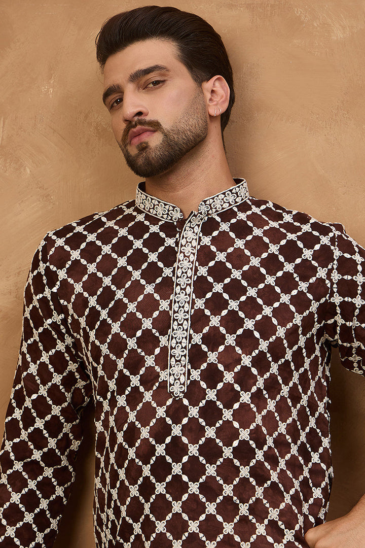 Brown Viscose Rayon Solid Embroidered Straight Kurta | SHOBITAM