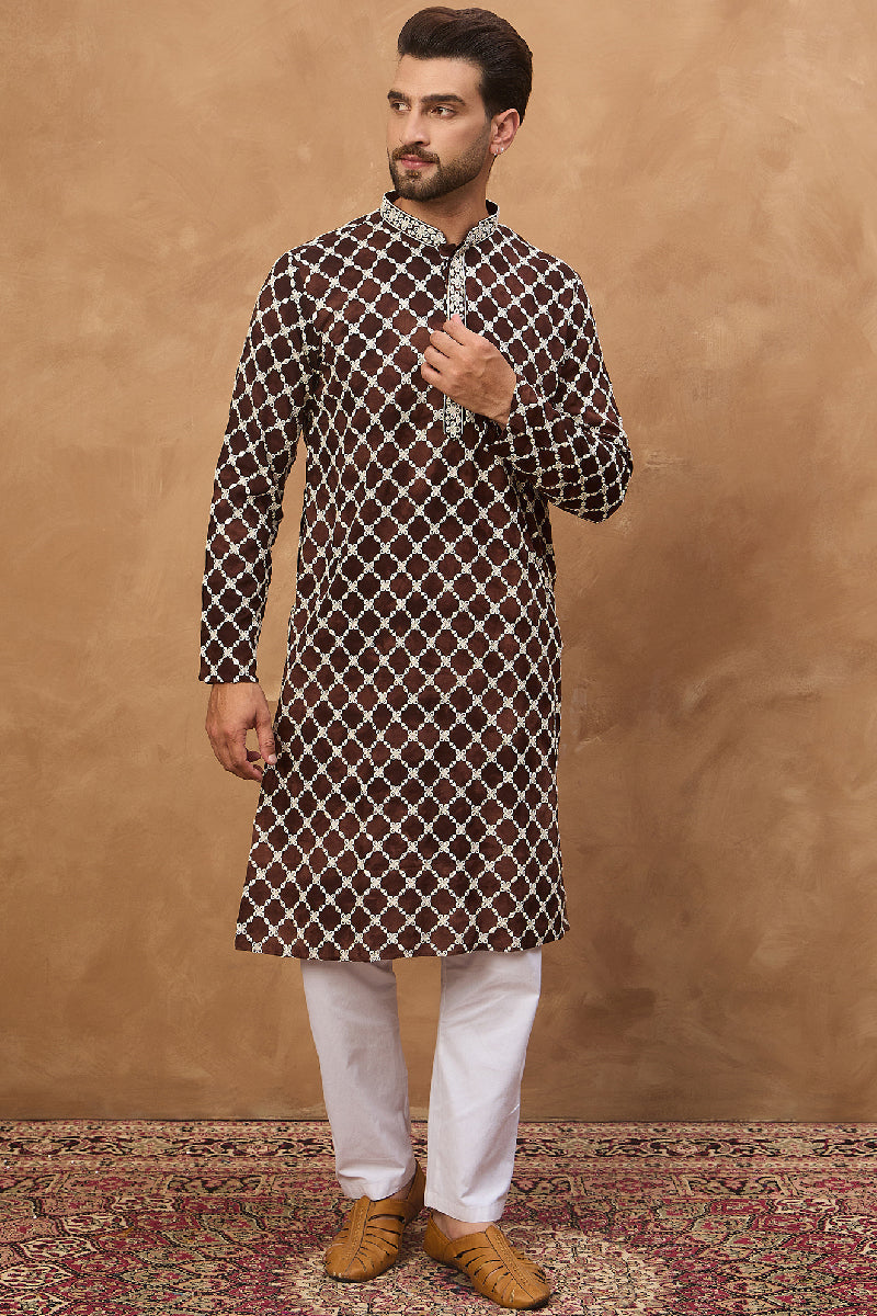 Brown Viscose Rayon Solid Embroidered Straight Kurta With Pant Set | Shobitam