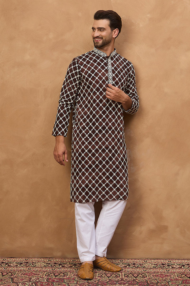 Brown Viscose Rayon Solid Embroidered Straight Kurta | SHOBITAM