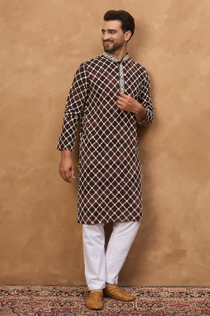 Brown Viscose Rayon Solid Embroidered Straight Kurta With Pant Set | Shobitam