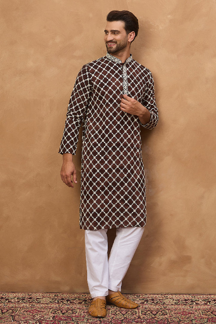 Brown Viscose Rayon Solid Embroidered Straight Kurta With Pant Set | Shobitam