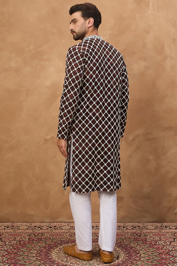 Brown Viscose Rayon Solid Embroidered Straight Kurta | SHOBITAM