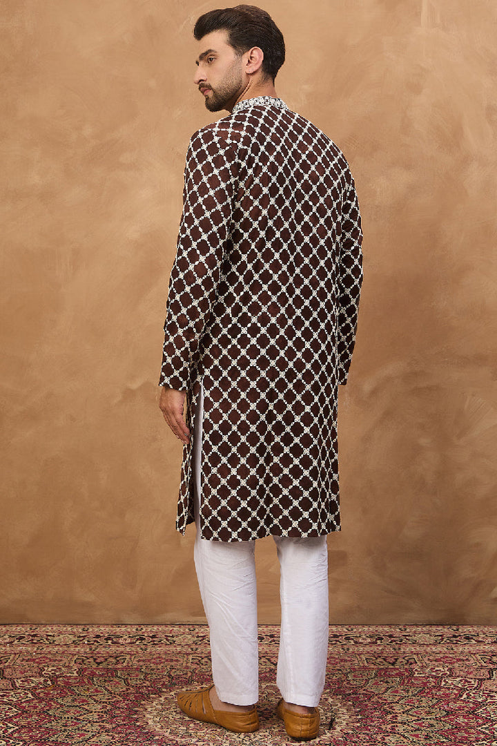 Brown Viscose Rayon Solid Embroidered Straight Kurta With Pant Set | Shobitam