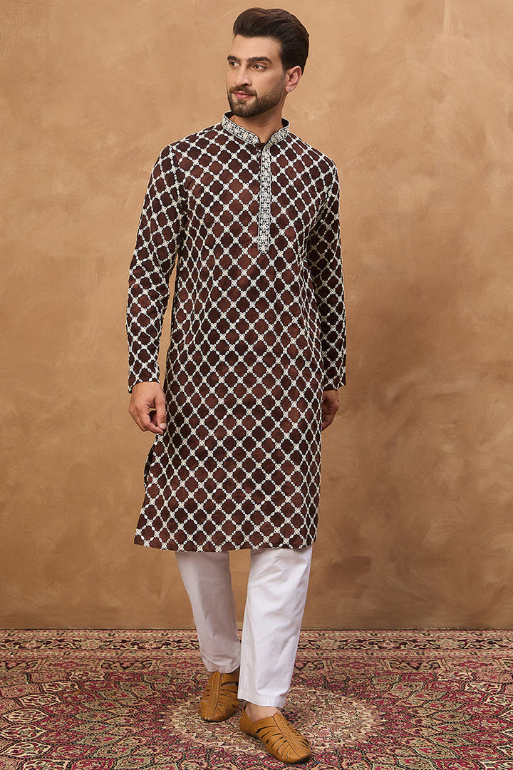 Brown Viscose Rayon Solid Embroidered Straight Kurta | SHOBITAM