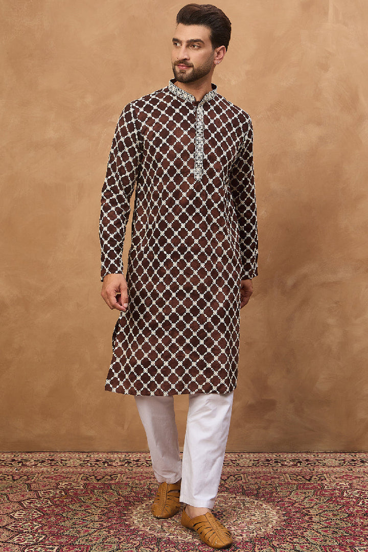 Brown Viscose Rayon Solid Embroidered Straight Kurta With Pant Set | Shobitam
