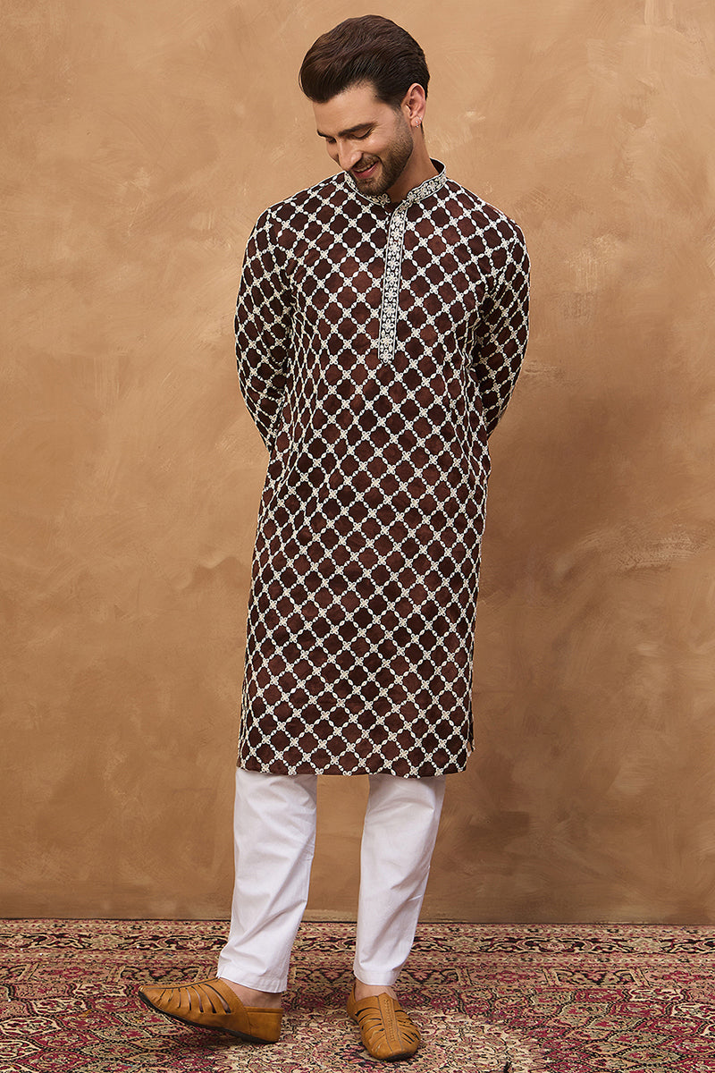 Brown Viscose Rayon Solid Embroidered Straight Kurta | SHOBITAM