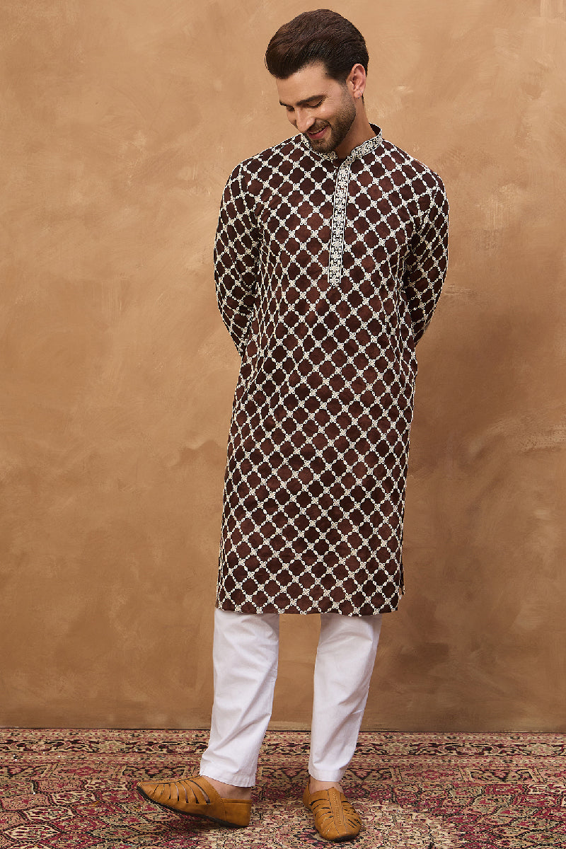 Brown Viscose Rayon Solid Embroidered Straight Kurta With Pant Set | Shobitam