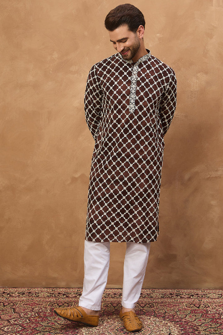 Brown Viscose Rayon Solid Embroidered Straight Kurta With Pant Set | Shobitam