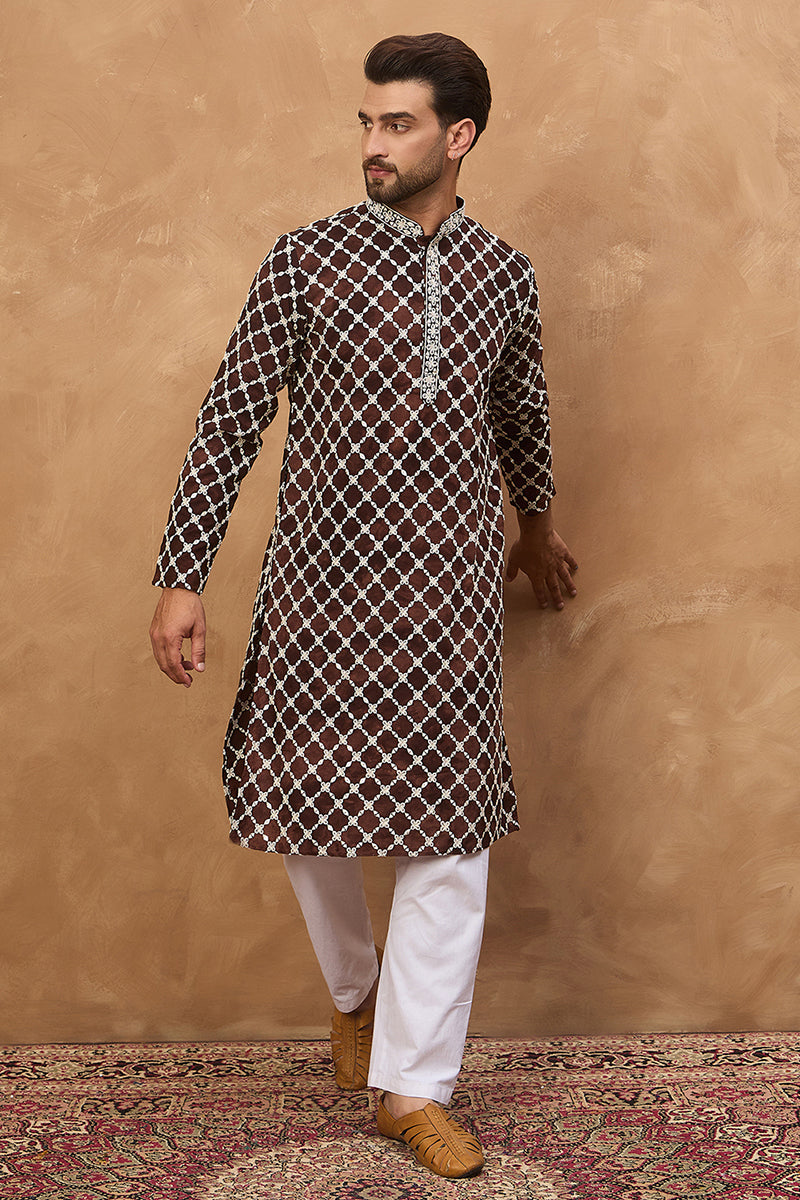 Brown Viscose Rayon Solid Embroidered Straight Kurta | SHOBITAM