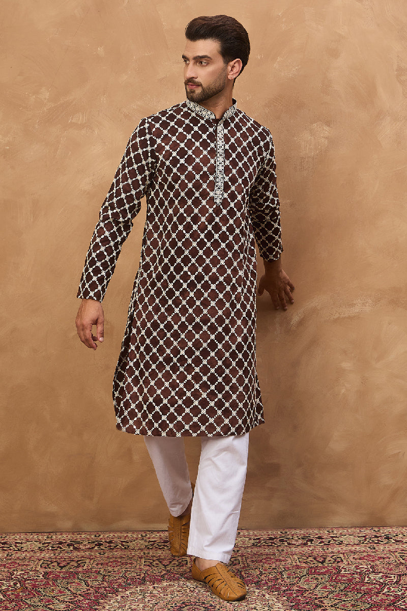 Brown Viscose Rayon Solid Embroidered Straight Kurta With Pant Set | Shobitam