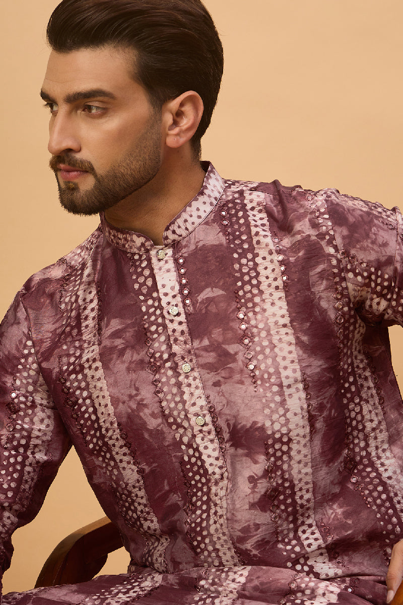 Burgundy Silk Blend Shibori Embroidered Straight Kurta With Pant Set | Shobitam