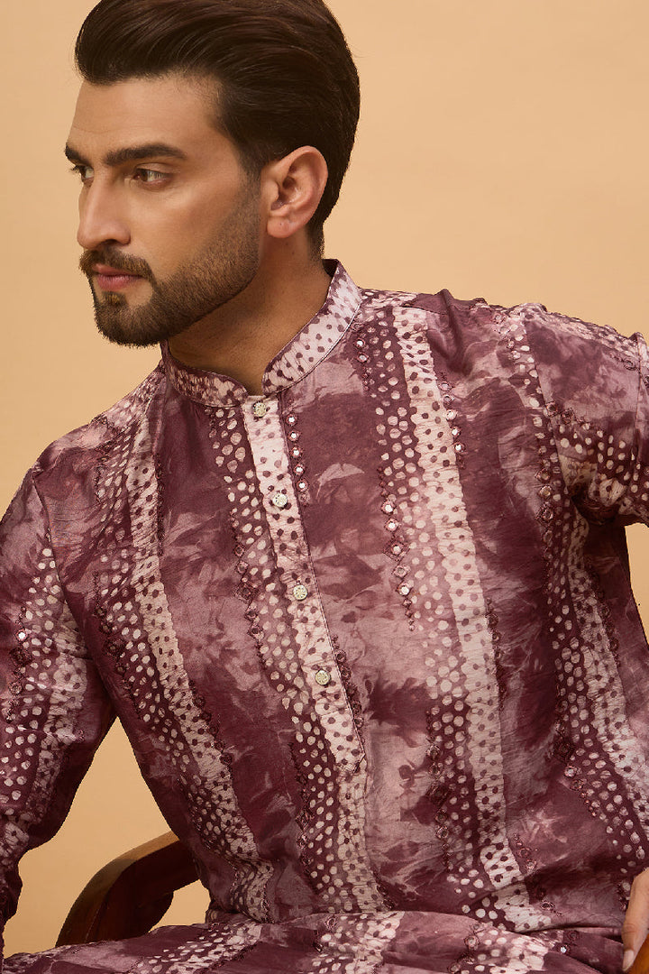 Burgundy Silk Blend Shibori Embroidered Straight Kurta With Pant Set | Shobitam