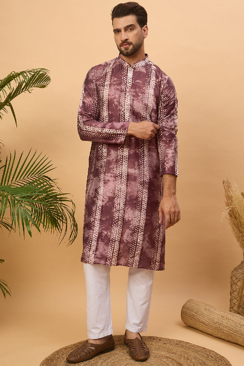 Burgundy Silk Blend Shibori Embroidered Straight Kurta With Pant Set | Shobitam