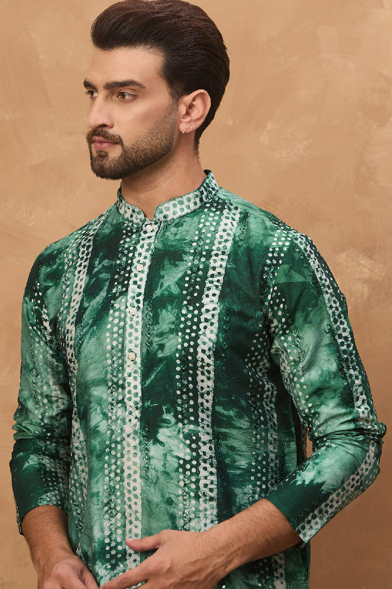 Green Silk Blend Shibori Embroidered Straight Kurta With Pant Set | Shobitam