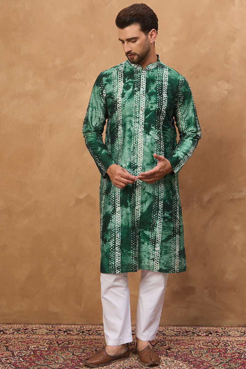 Green Silk Blend Shibori Embroidered Straight Kurta With Pant Set | Shobitam
