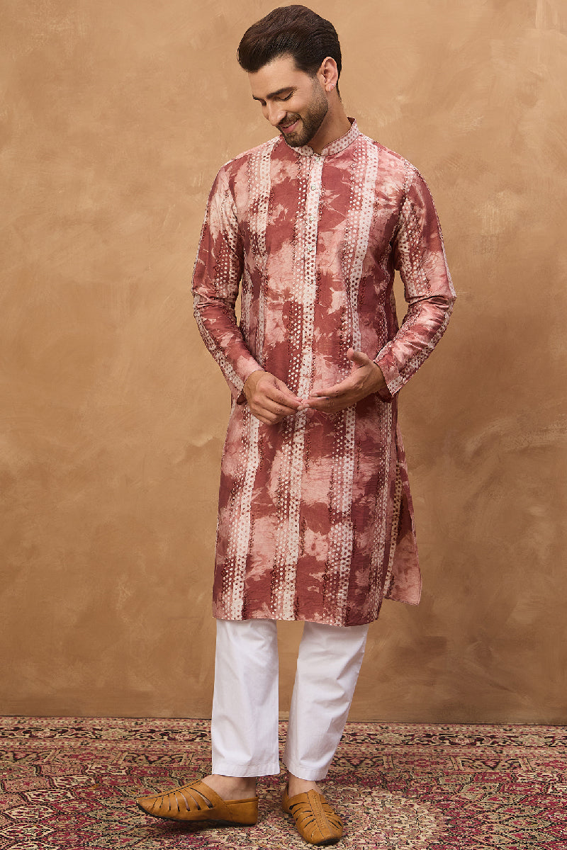 Brown Silk Blend Shibori Embroidered Straight Kurta With Pant Set | SHOBITAM