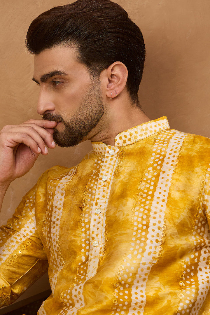 Yellow Silk Blend Shibori Embroidered Straight Kurta With Pant Set | Shobitam