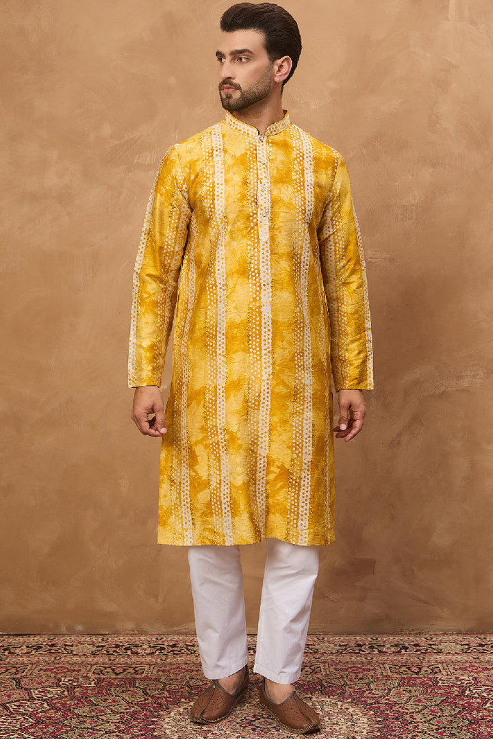 Yellow Silk Blend Shibori Embroidered Straight Kurta With Pant Set | Shobitam