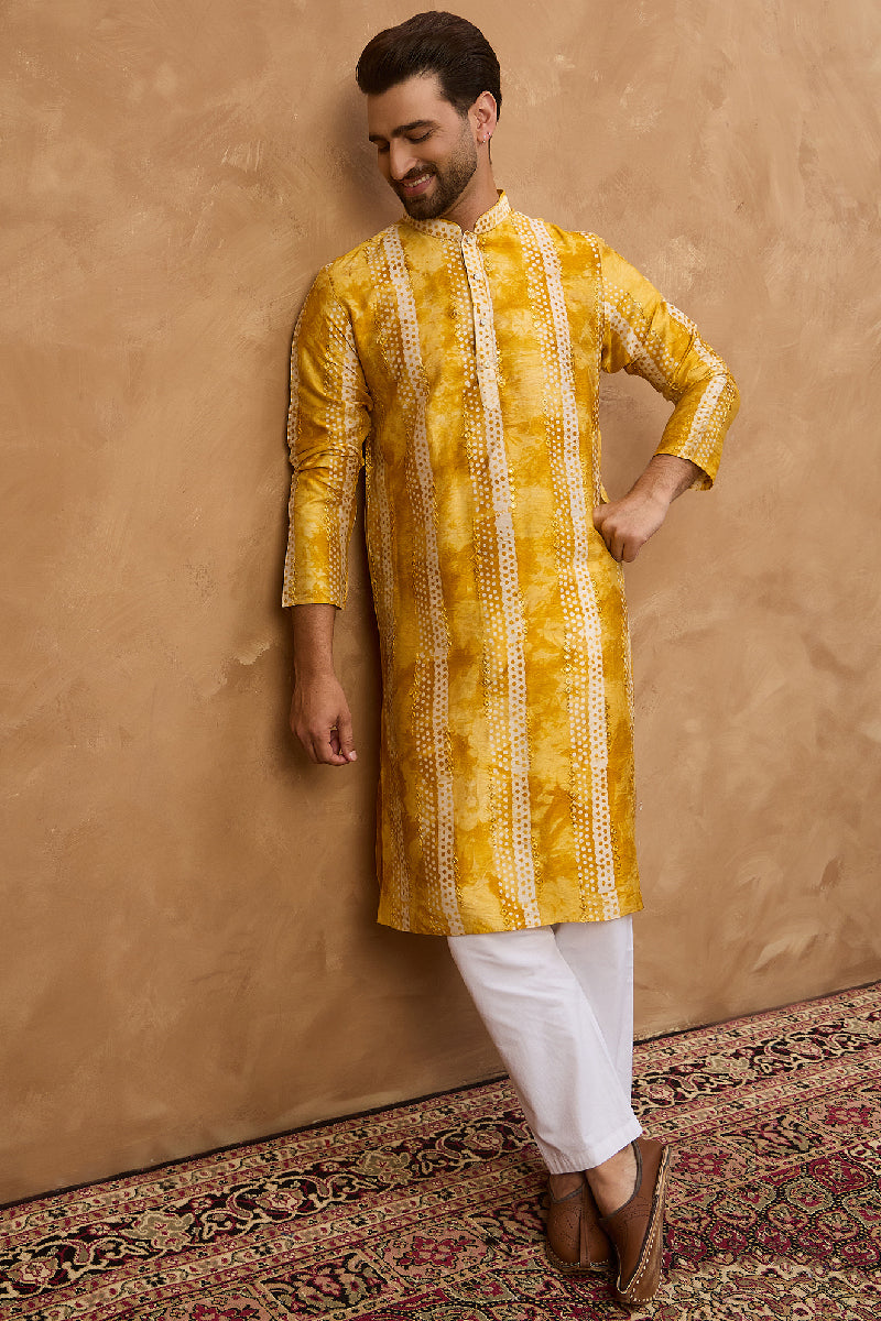 Yellow Silk Blend Shibori Embroidered Straight Kurta With Pant Set | Shobitam