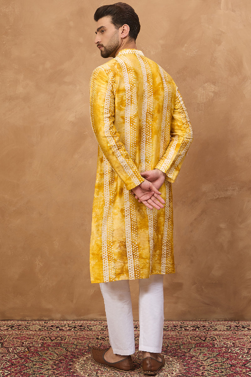 Yellow Silk Blend Shibori Embroidered Straight Kurta With Pant Set | Shobitam