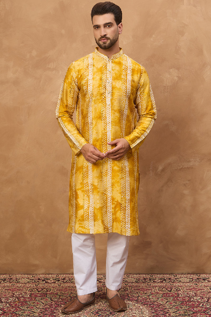 Yellow Silk Blend Shibori Embroidered Straight Kurta With Pant Set | Shobitam