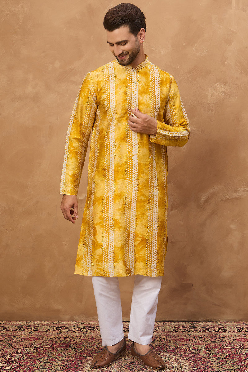 Yellow Silk Blend Shibori Embroidered Straight Kurta With Pant Set | Shobitam