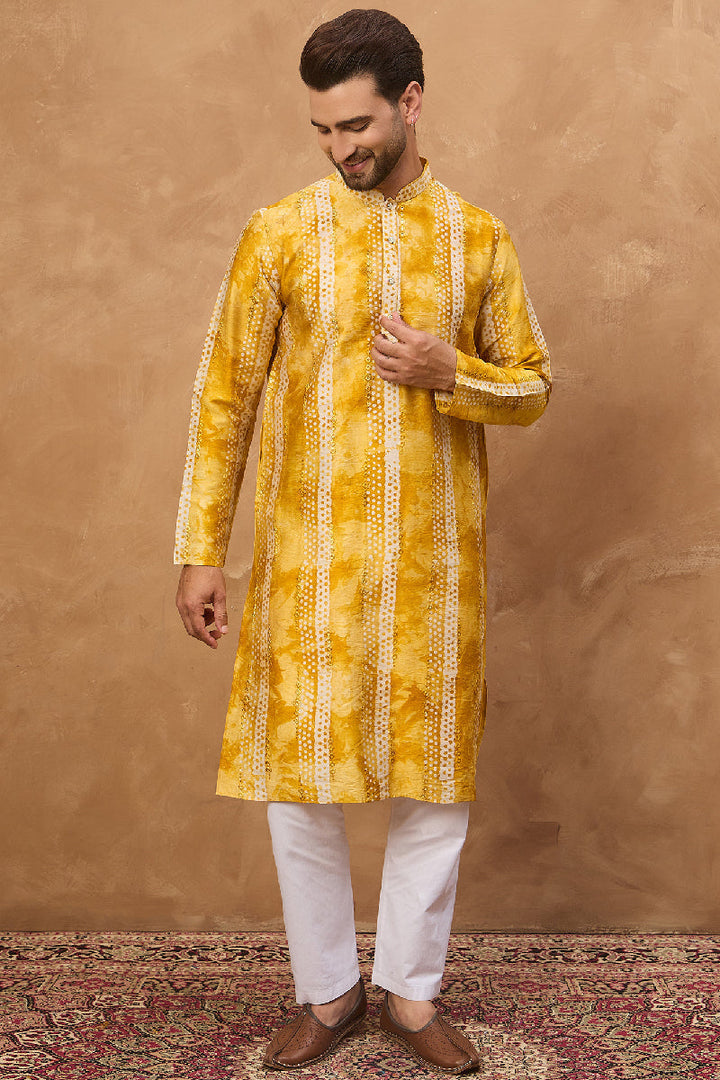 Yellow Silk Blend Shibori Embroidered Straight Kurta With Pant Set | Shobitam