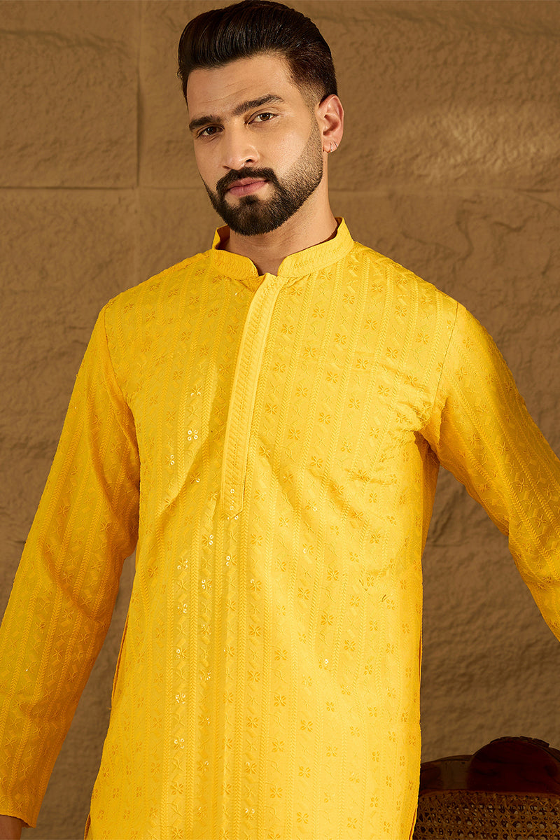 Yellow Viscose Rayon Solid Embroidered Straight Kurta with Trouser | Shobitam