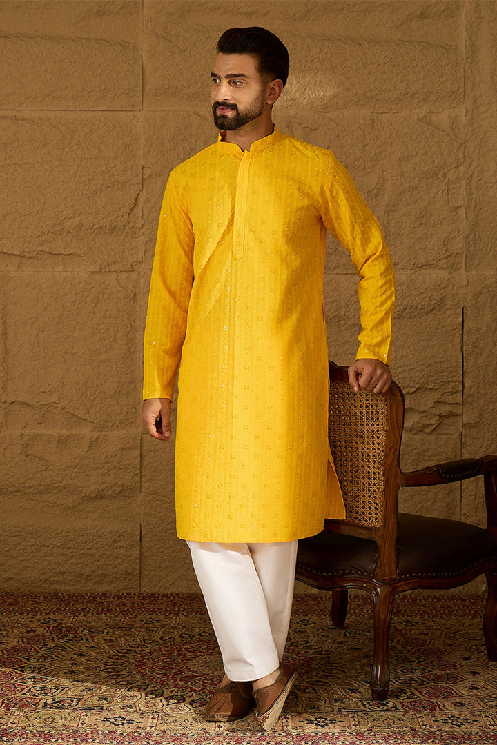 Yellow Viscose Rayon Solid Embroidered Straight Kurta with Trouser | Shobitam
