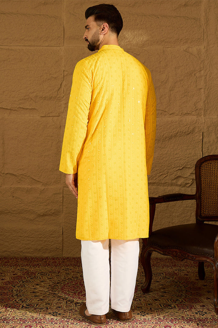 Yellow Viscose Rayon Solid Embroidered Straight Kurta with Trouser | Shobitam