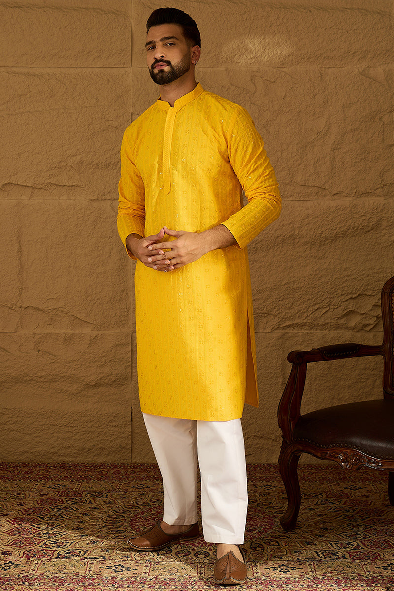 Yellow Viscose Rayon Solid Embroidered Straight Kurta with Trouser | Shobitam