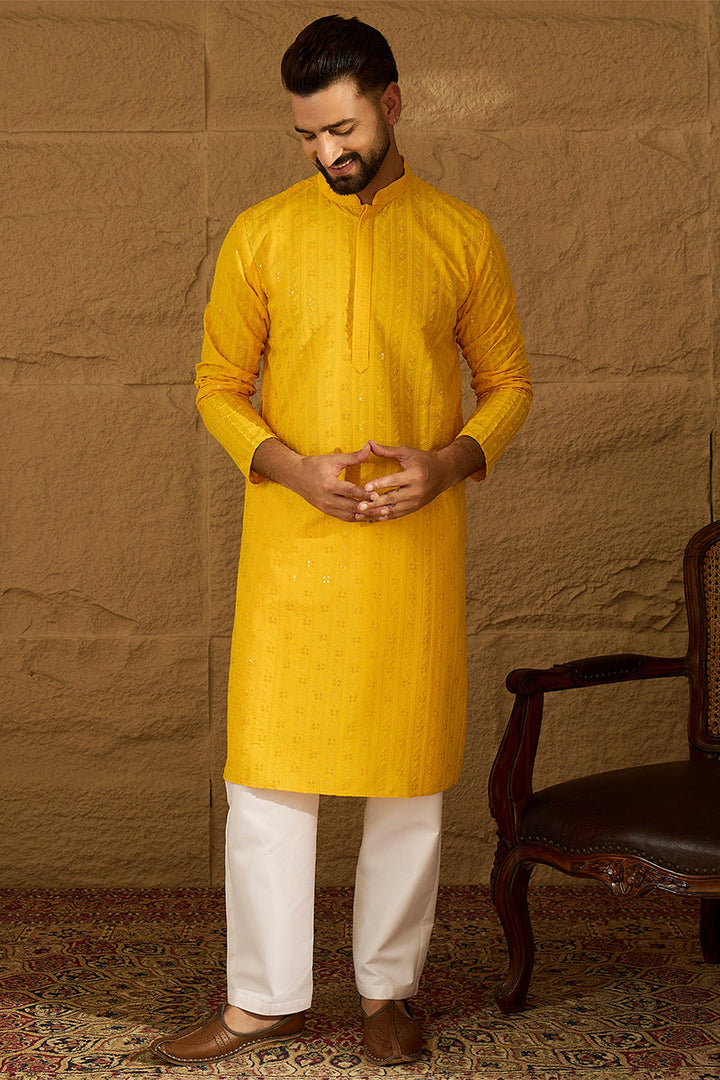 Yellow Viscose Rayon Solid Embroidered Straight Kurta | SHOBITAM