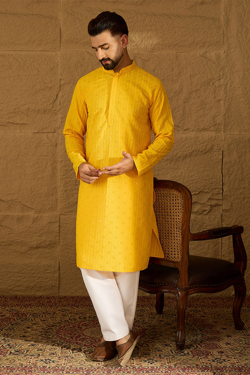 Yellow Viscose Rayon Solid Embroidered Straight Kurta | SHOBITAM