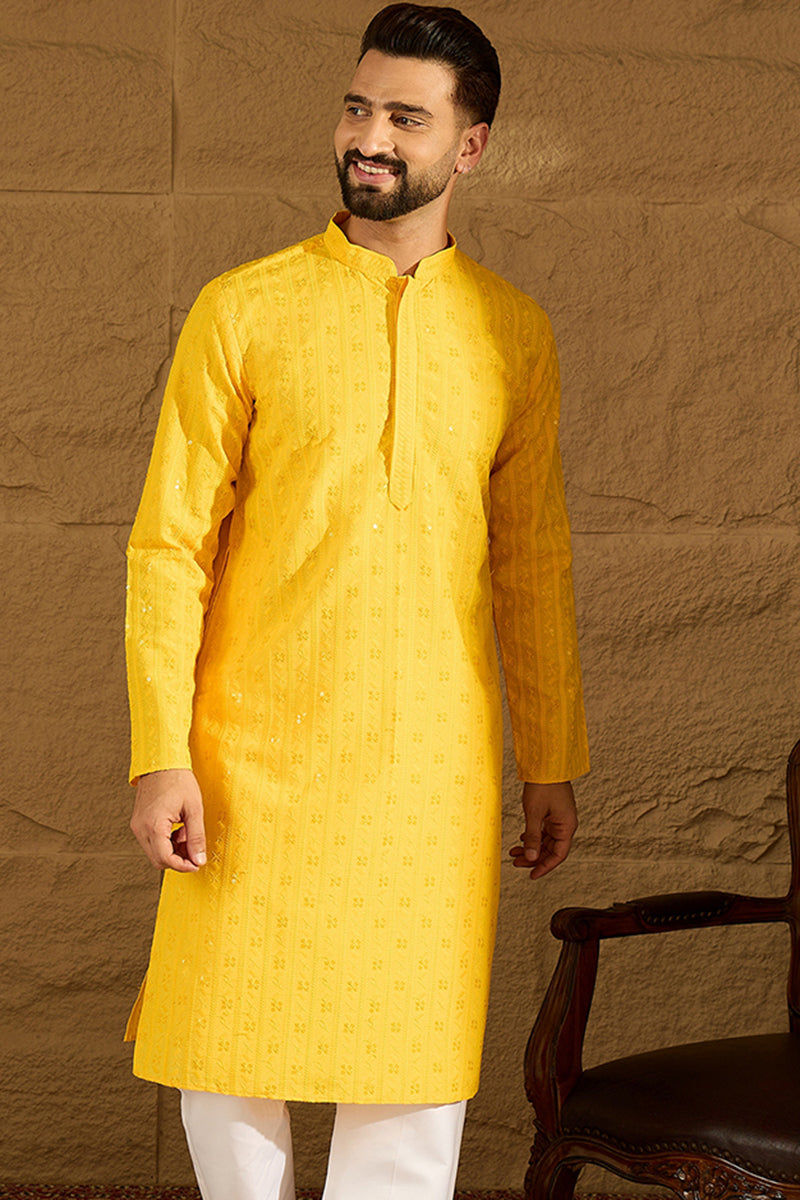 Yellow Viscose Rayon Solid Embroidered Straight Kurta | SHOBITAM