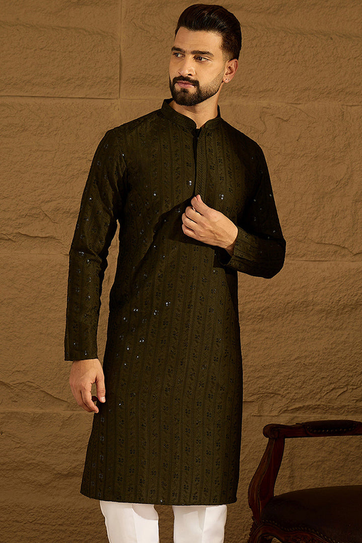 Olive Viscose Rayon Solid Embroidered Straight Kurta  | SHOBITAM