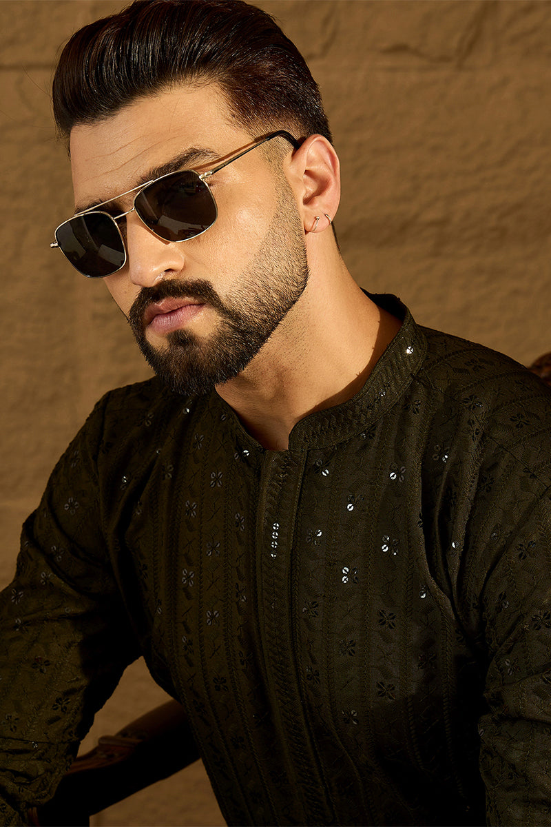 Olive Viscose Rayon Solid Embroidered Straight Kurta with Trouser | Shobitam