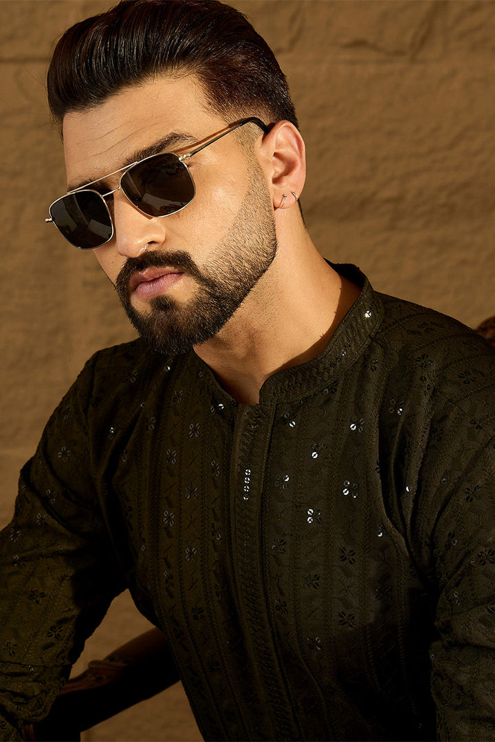Olive Viscose Rayon Solid Embroidered Straight Kurta with Trouser | Shobitam