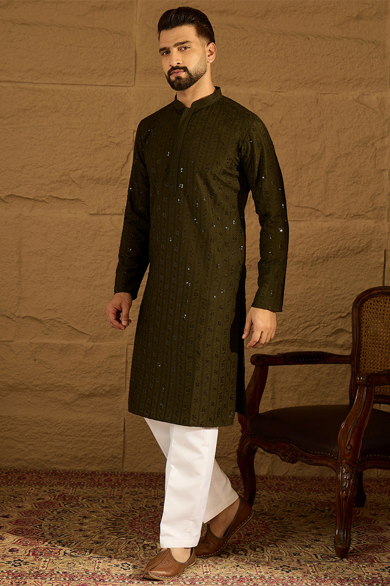 Olive Viscose Rayon Solid Embroidered Straight Kurta  | SHOBITAM