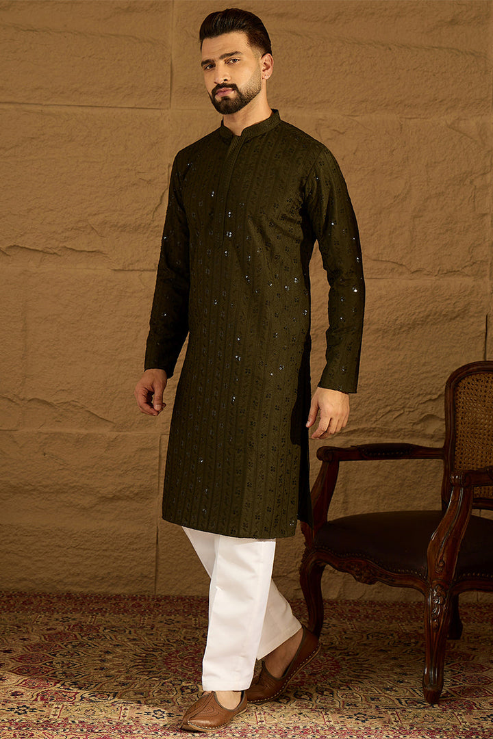 Olive Viscose Rayon Solid Embroidered Straight Kurta with Trouser | Shobitam