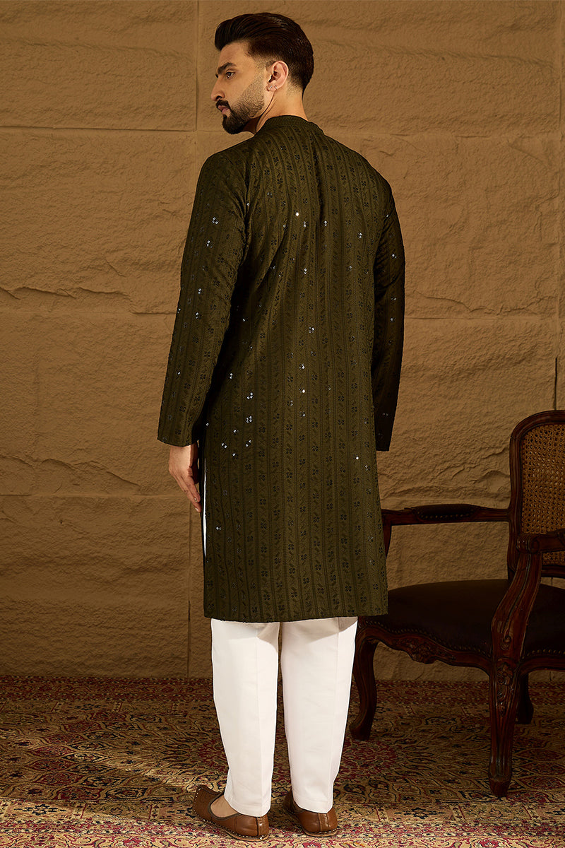 Olive Viscose Rayon Solid Embroidered Straight Kurta  | SHOBITAM