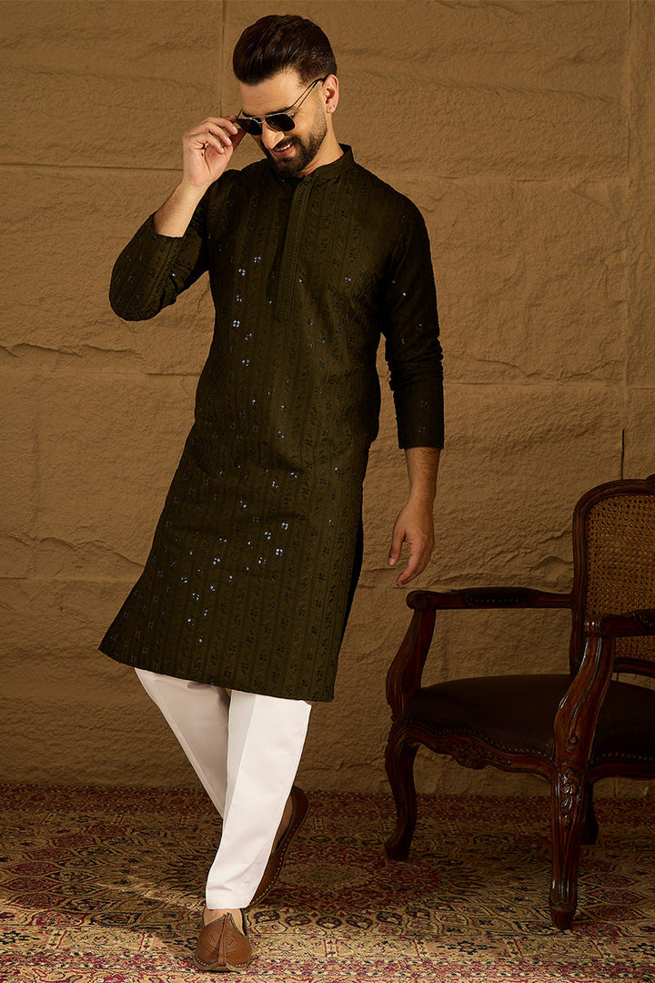 Olive Viscose Rayon Solid Embroidered Straight Kurta  | SHOBITAM