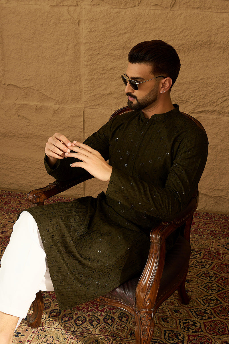 Olive Viscose Rayon Solid Embroidered Straight Kurta  | SHOBITAM