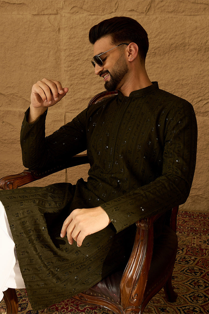 Olive Viscose Rayon Solid Embroidered Straight Kurta  | SHOBITAM
