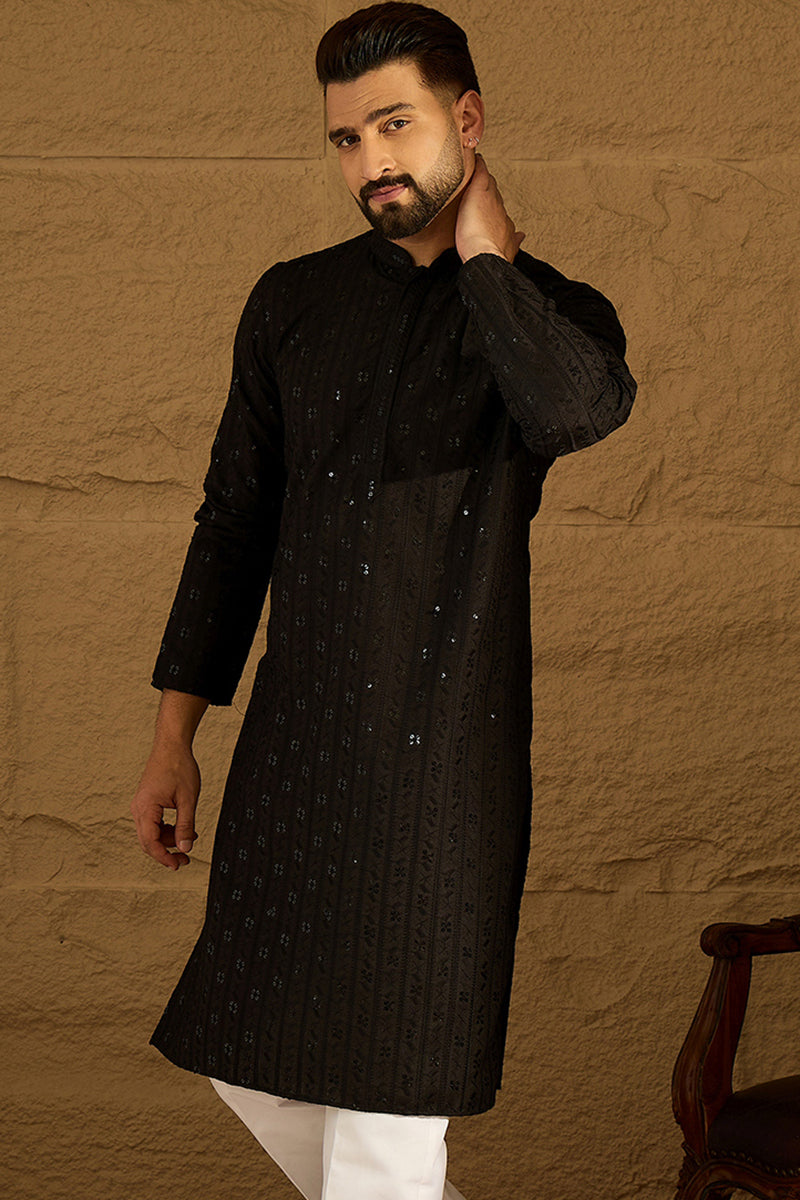 Black Viscose Rayon Solid Embroidered Straight Kurta | SHOBITAM