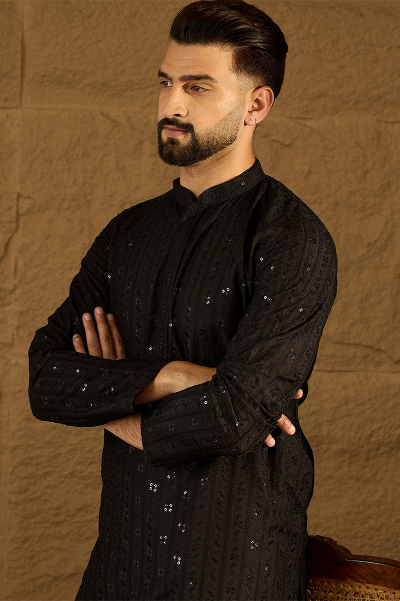 Black Viscose Rayon Solid Embroidered Straight Kurta | SHOBITAM