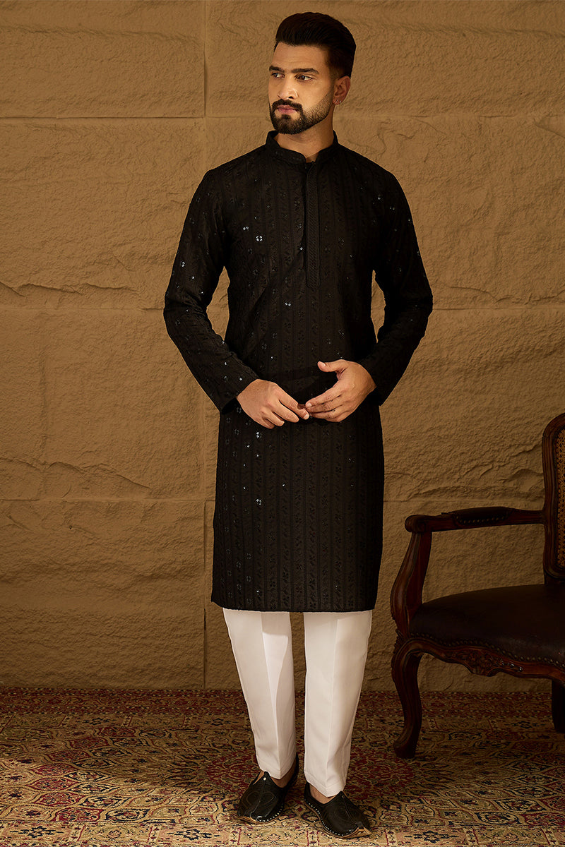 Black Viscose Rayon Solid Embroidered Straight Kurta with Trouser | SHOBITAM