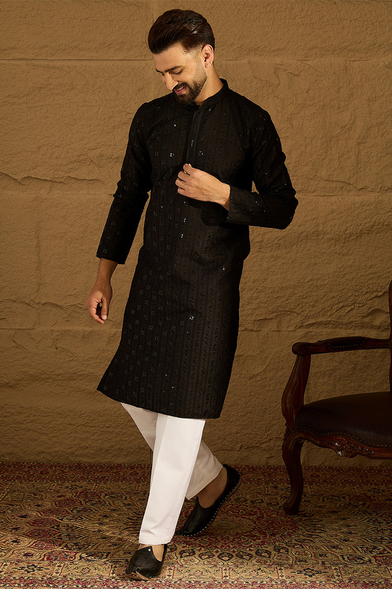 Black Viscose Rayon Solid Embroidered Straight Kurta with Trouser | SHOBITAM
